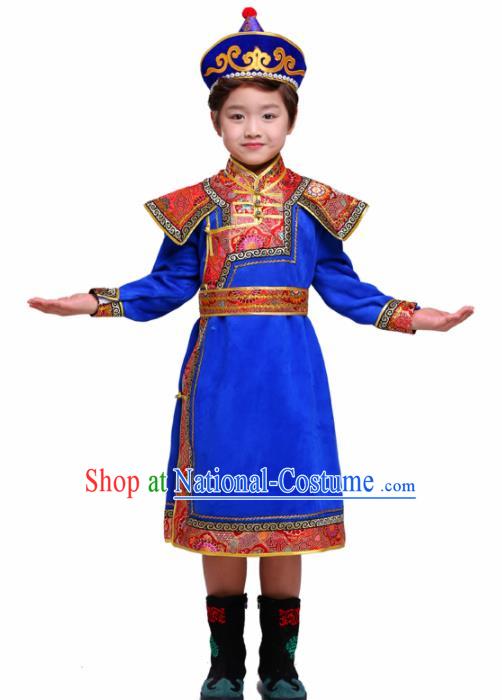 Chinese Traditional Mongol Ethnic Costume Nationality Royalblue Brocade Mongolian Robe for Kids