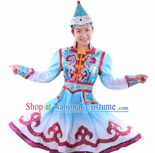 Chinese Traditional Mongolian Folk Dance Blue Dress Mongol Nationality Ethnic Costume for Women