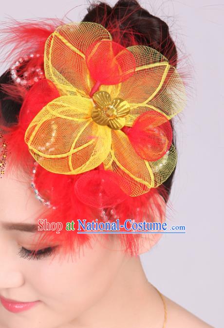 Chinese Traditional Yangko Dance Red Feather Flower Hair Stick National Folk Dance Hair Accessories for Women