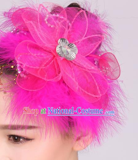 Chinese Traditional Yangko Dance Rosy Feather Flower Hair Stick National Folk Dance Hair Accessories for Women