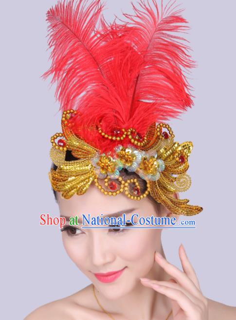 Chinese Traditional Yangko Dance Red Feather Golden Hair Stick National Folk Dance Hair Accessories for Women