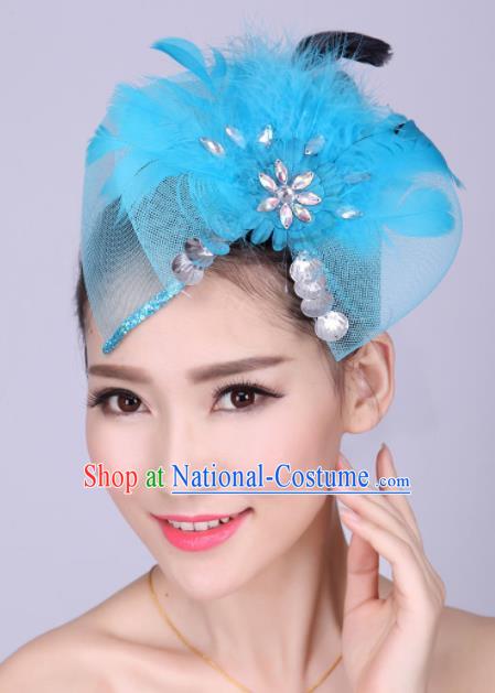 Chinese Traditional Yangko Dance Blue Feather Bowknot Hair Claw National Folk Dance Hair Accessories for Women