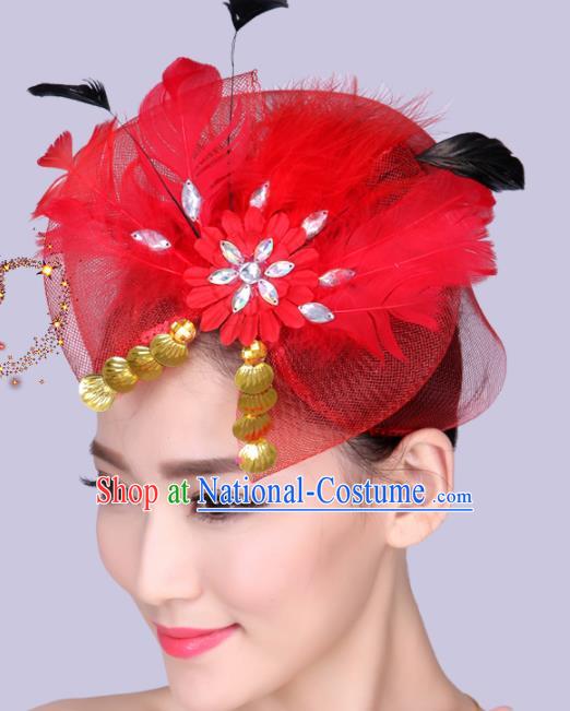 Chinese Traditional Yangko Dance Red Feather Bowknot Hair Claw National Folk Dance Hair Accessories for Women