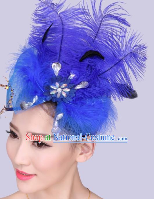 Chinese Traditional Yangko Dance Hair Claw National Folk Dance Royalblue Feather Bowknot Hair Accessories for Women