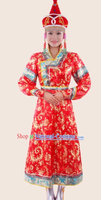 Chinese Traditional Mongolian Folk Dance Red Dress Mongol Nationality Ethnic Costume for Women