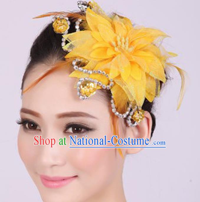 Chinese Traditional Yangko Dance Yellow Veil Peony Feather Hair Claw National Folk Dance Hair Accessories for Women