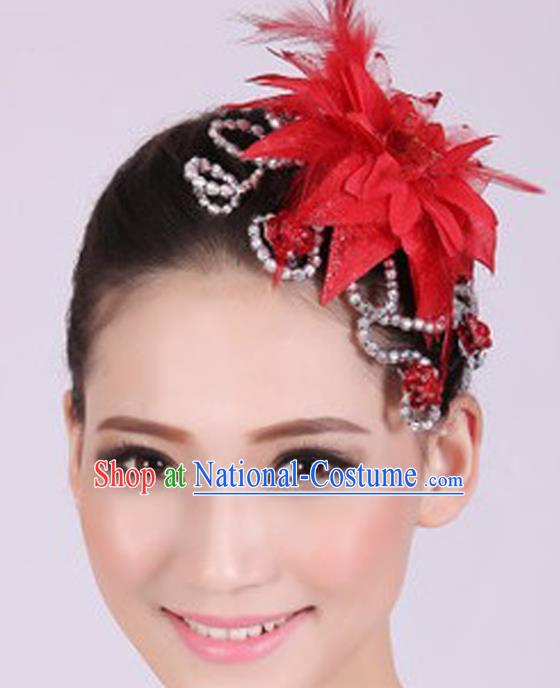 Chinese Traditional Yangko Dance Red Veil Peony Feather Hair Claw National Folk Dance Hair Accessories for Women