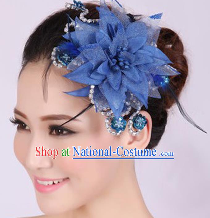 Chinese Traditional Yangko Dance Royalblue Veil Peony Feather Hair Claw National Folk Dance Hair Accessories for Women