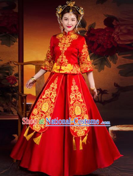 Traditional Chinese Wedding Dress Ancient Bride Embroidered Red Xiu He Costume for Women