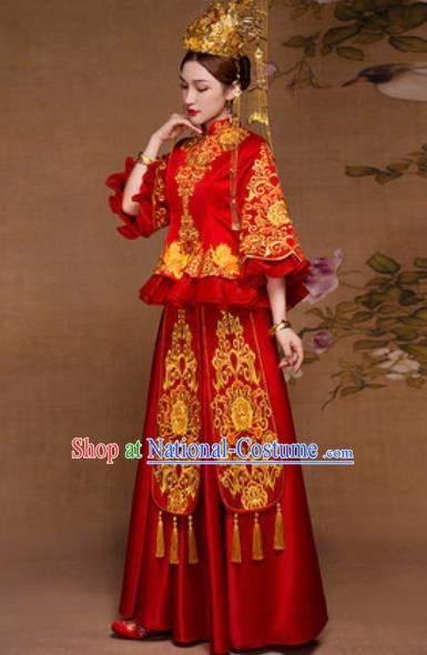 Traditional Chinese Red Wedding Dress Ancient Bride Embroidered Xiu He Costume for Women