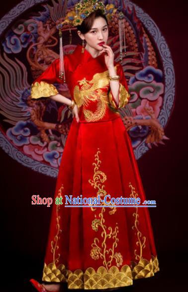 Traditional Chinese Embroidered Phoenix Wedding Dress Ancient Bride Red Xiu He Costume for Women