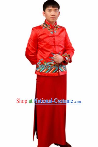 Chinese Traditional Wedding Costume Ancient Bridegroom Embroidered Red Tang Suit Robe for Men