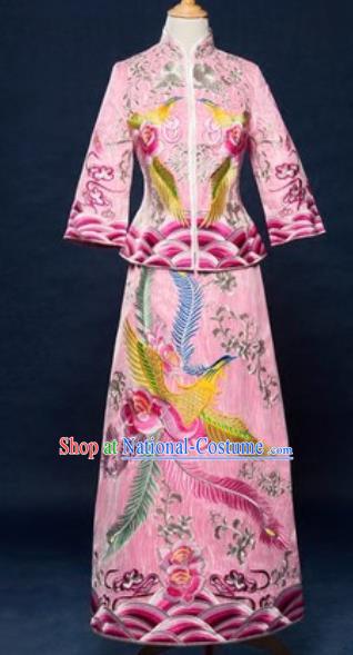 Traditional Chinese Embroidered Wedding Dress Ancient Bride Pink Xiu He Costume for Women