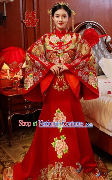 Traditional Chinese Embroidered Phoenix Peony Wedding Dress Ancient Bride Red Xiu He Costume for Women