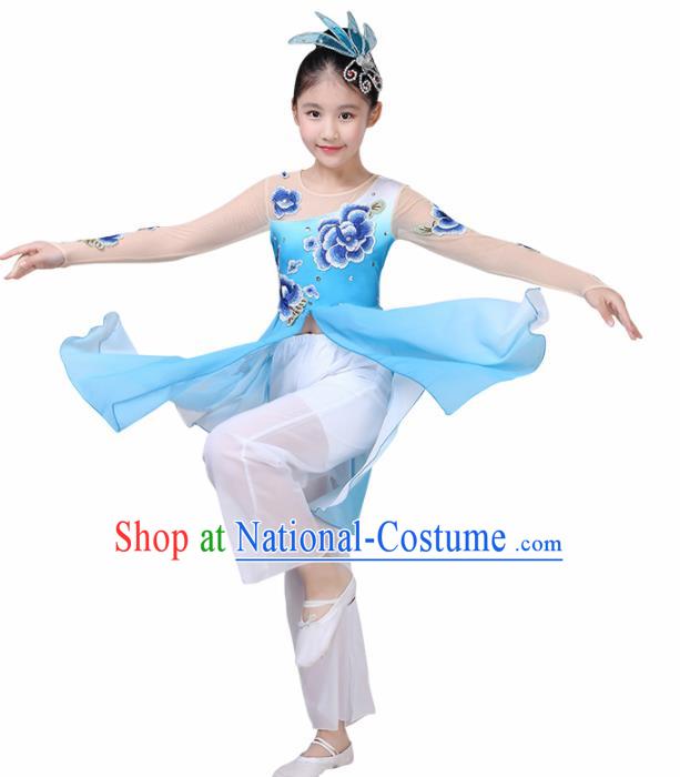 Chinese Traditional Folk Dance Costume Classical Dance Group Dance Blue Dress for Kids