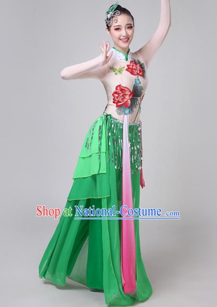 Chinese Traditional Lotus Dance Costume Classical Dance Group Dance Green Dress for Women