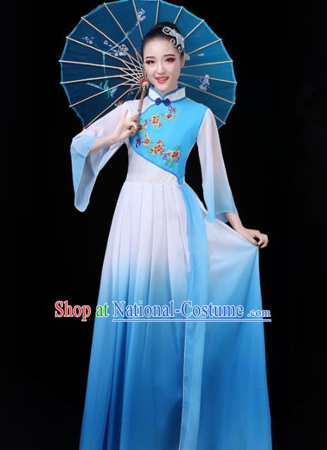 Chinese Traditional Umbrella Dance Blue Costume Classical Dance Group Dance Dress for Women