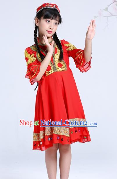 Chinese Traditional Ethnic Folk Dance Costume Classical Dance Group Dance Red Dress for Kids