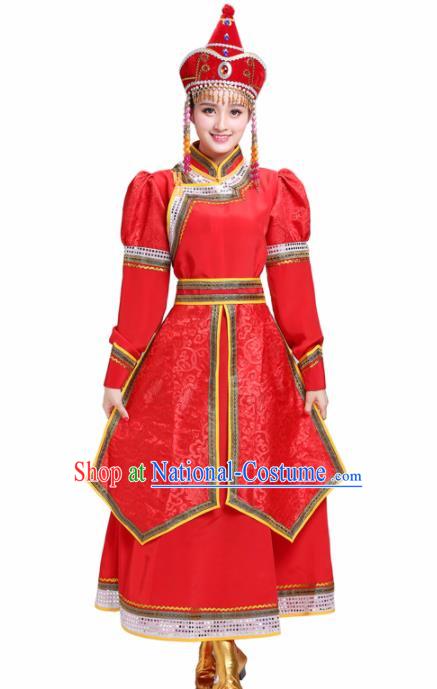 Chinese Traditional Mongolian Princess Folk Dance Red Dress Mongol Nationality Ethnic Costume for Women