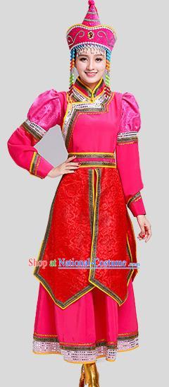 Chinese Traditional Mongolian Princess Folk Dance Rosy Dress Mongol Nationality Ethnic Costume for Women