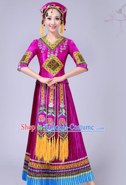 Chinese Traditional Ethnic Folk Dance Costume Yi Nationality Wedding Purple Dress for Women