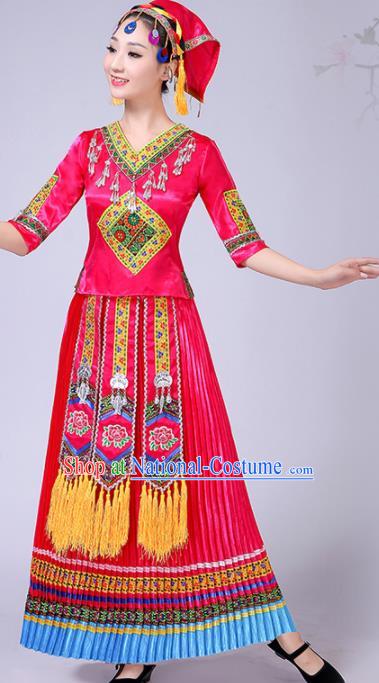 Chinese Traditional Ethnic Folk Dance Costume Yi Nationality Wedding Rosy Dress for Women