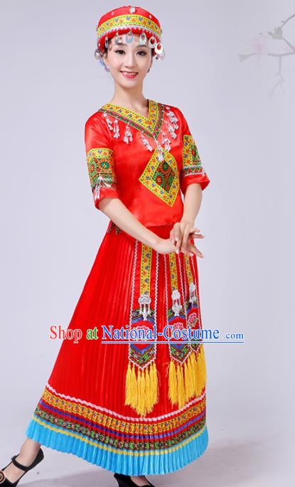 Chinese Traditional Ethnic Folk Dance Costume Yi Nationality Wedding Red Dress for Women