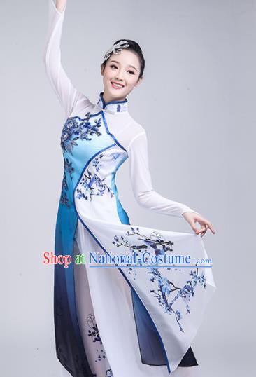 Chinese Traditional Umbrella Dance Blue Costume Classical Dance Group Dance Dress for Women