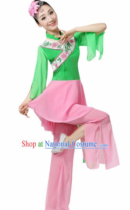 Chinese Traditional Stage Performance Fan Dance Green Costume Folk Dance Yangko Dance Dress for Women