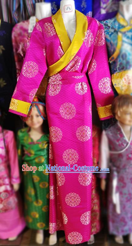 Chinese Traditional Tibetan Folk Dance Rosy Dress Zang Nationality Ethnic Costume for Women