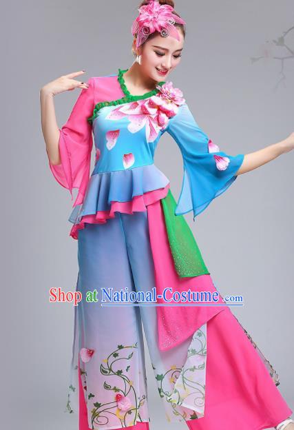 Chinese Traditional Fan Dance Stage Performance Blue Costume Folk Dance Yangko Dance Dress for Women