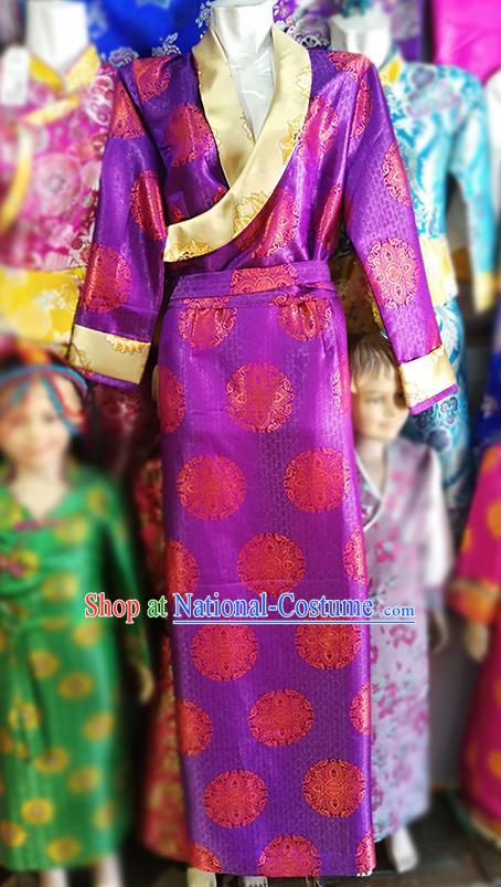 Chinese Traditional Tibetan Folk Dance Purple Dress Zang Nationality Ethnic Costume for Women