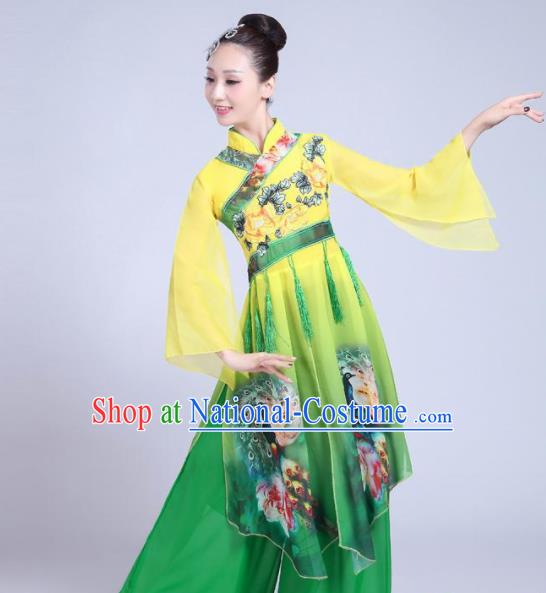 Chinese Traditional Fan Dance Green Costume Folk Dance Stage Performance Yangko Dance Dress for Women