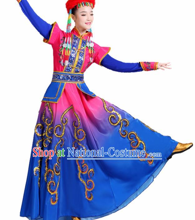 Chinese Traditional Mongolion Ethnic Folk Dance Costume Mongol Nationality Dance Blue Dress for Women