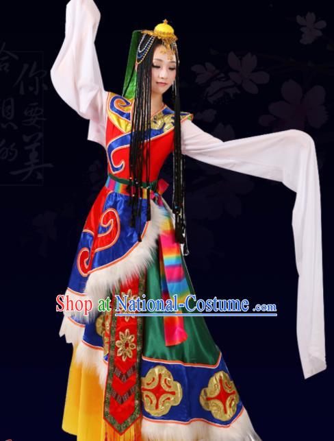 Chinese Traditional Tibetan Ethnic Folk Dance Costume Zang Nationality Dance Dress for Women