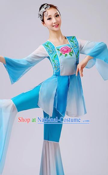 Chinese Traditional Fan Dance Blue Costume Folk Dance Stage Performance Yangko Dance Dress for Women