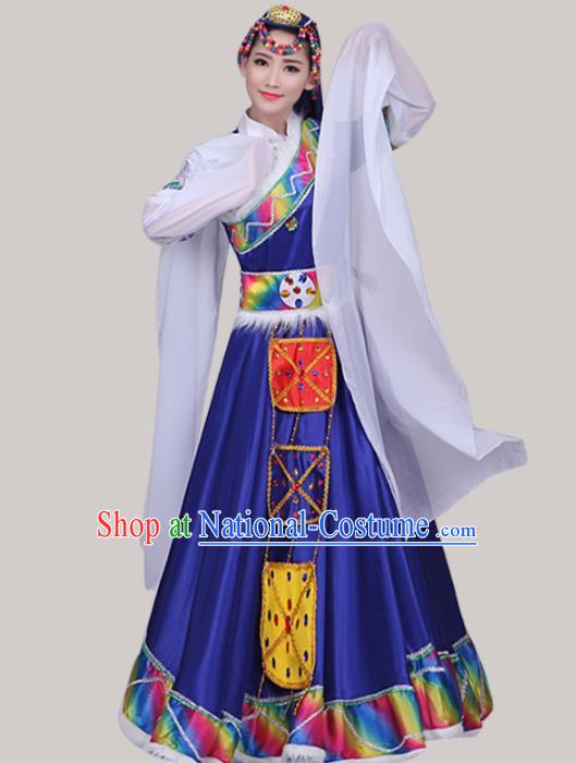 Chinese Traditional Tibetan Ethnic Folk Dance Costume Zang Nationality Dance Royalblue Dress for Women