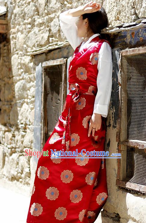 Chinese Traditional Tibetan Red Dress Zang Nationality Heishui Dance Ethnic Costume for Women