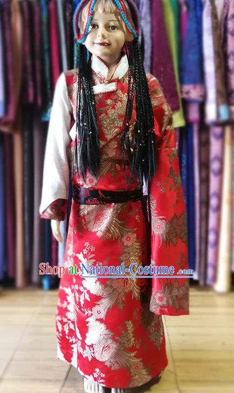 Chinese Traditional Tibetan Kham Red Dress Zang Nationality Heishui Dance Ethnic Costume for Kids