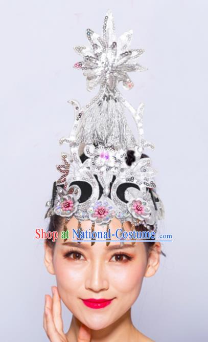 Chinese Traditional Folk Dance Hair Accessories Stage Performance Yangko Dance Argent Flowers Headwear for Women