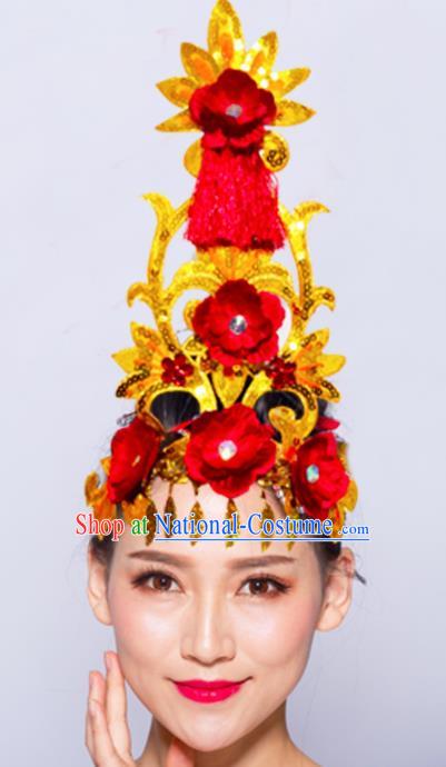 Chinese Traditional Folk Dance Hair Accessories Stage Performance Yangko Dance Red Flowers Headwear for Women