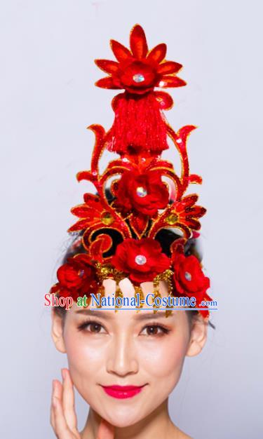 Chinese Traditional Folk Dance Hair Accessories Stage Performance Yangko Dance Red Flowers Headwear for Women