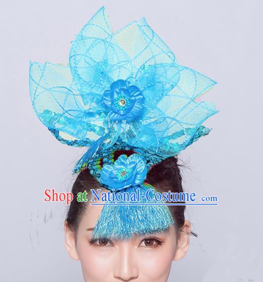 Chinese Traditional Folk Dance Hair Accessories Stage Performance Yangko Dance Blue Veil Headwear for Women