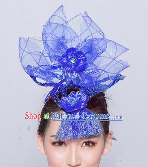 Chinese Traditional Folk Dance Hair Accessories Stage Performance Yangko Dance Deep Blue Veil Headwear for Women