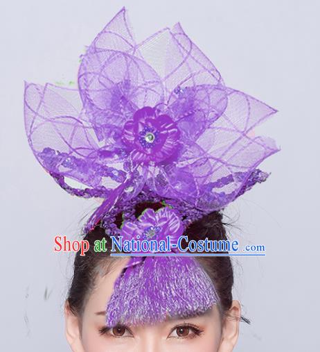 Chinese Traditional Folk Dance Hair Accessories Stage Performance Yangko Dance Purple Veil Headwear for Women