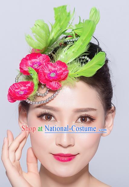 Chinese Traditional Folk Dance Hair Accessories Stage Performance Yangko Dance Green Feather Hair Stick for Women