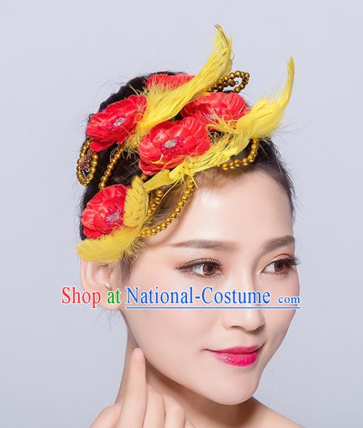 Chinese Traditional Folk Dance Hair Accessories Stage Performance Yangko Dance Yellow Feather Hair Stick for Women