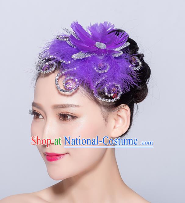 Chinese Traditional Folk Dance Purple Feather Hair Stick Stage Performance Yangko Dance Hair Accessories for Women