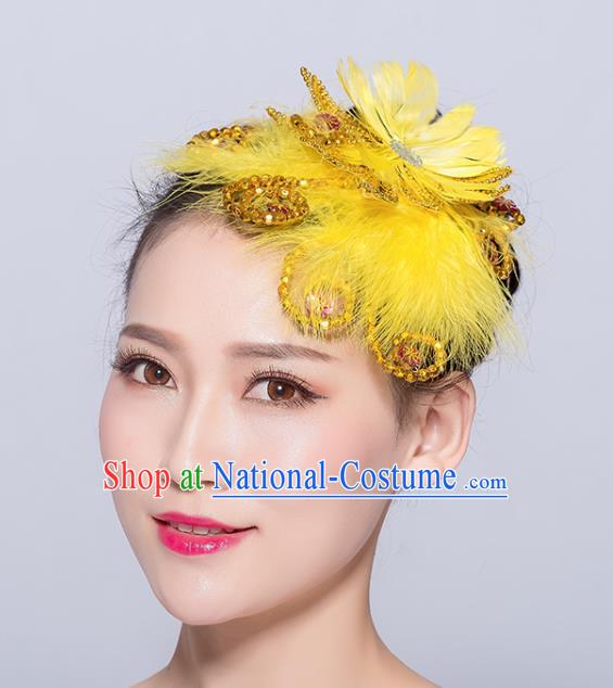 Chinese Traditional Folk Dance Yellow Feather Hair Stick Stage Performance Yangko Dance Hair Accessories for Women