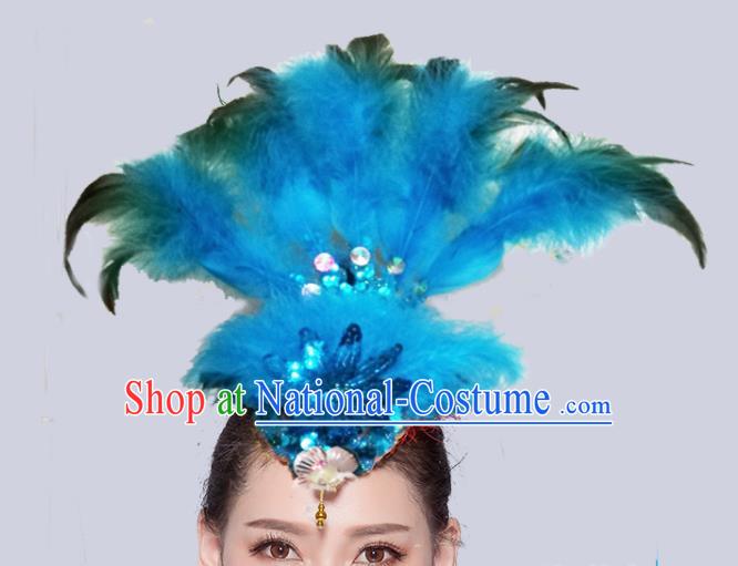 Chinese Traditional National Folk Dance Blue Feather Hair Stick Yangko Dance Hair Accessories for Women